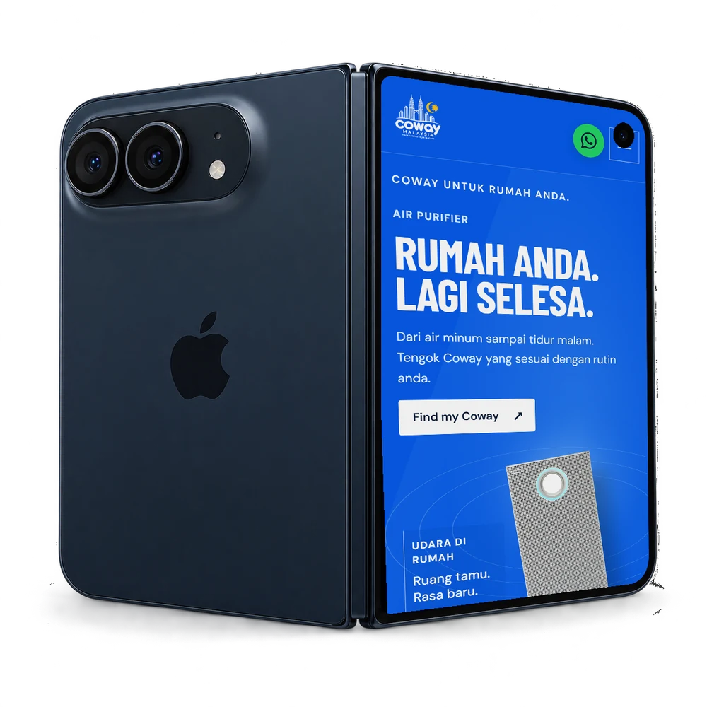 Mobile preview of the Coways Malaysia website on a foldable phone