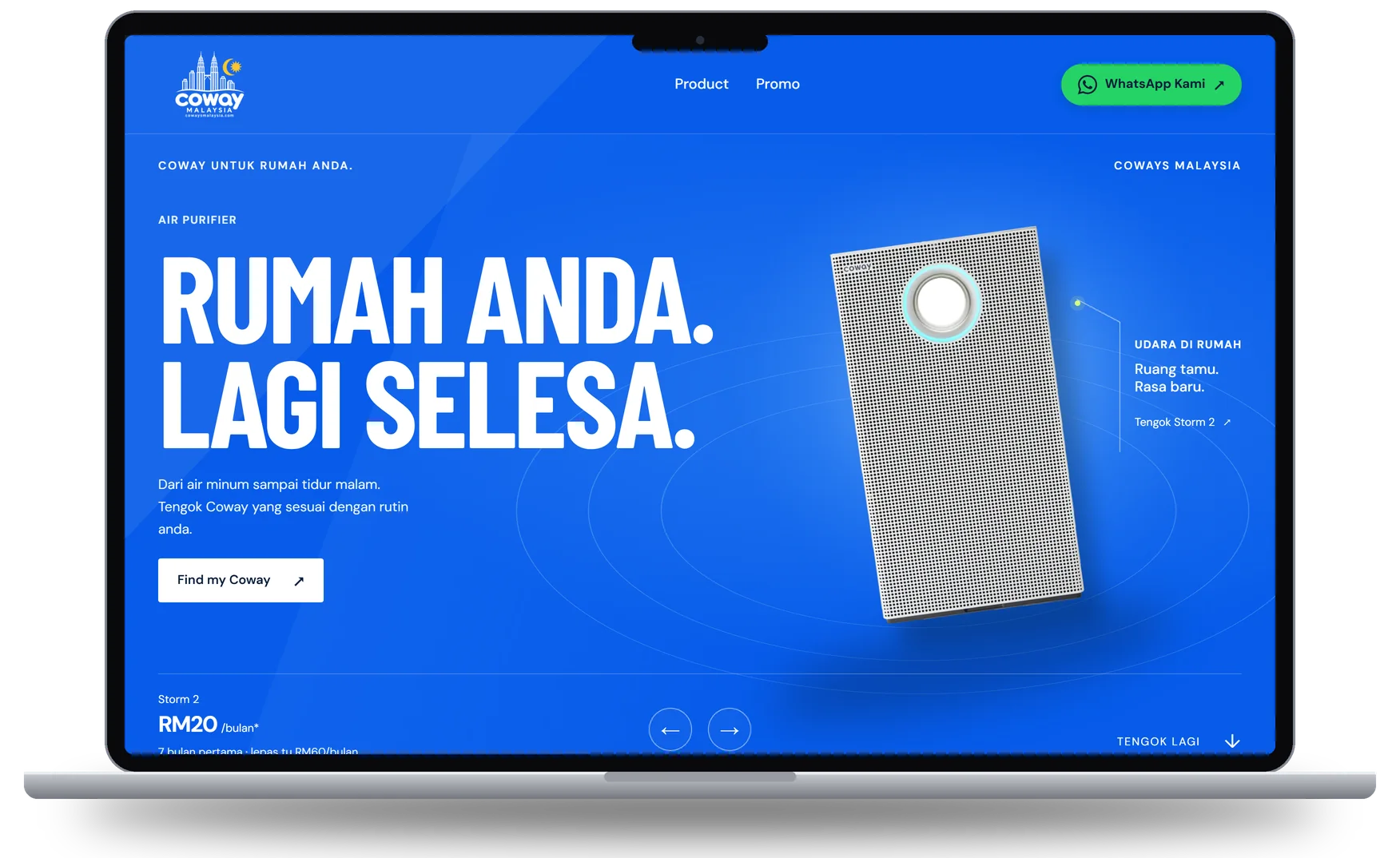 Desktop preview of the Coways Malaysia website on a laptop