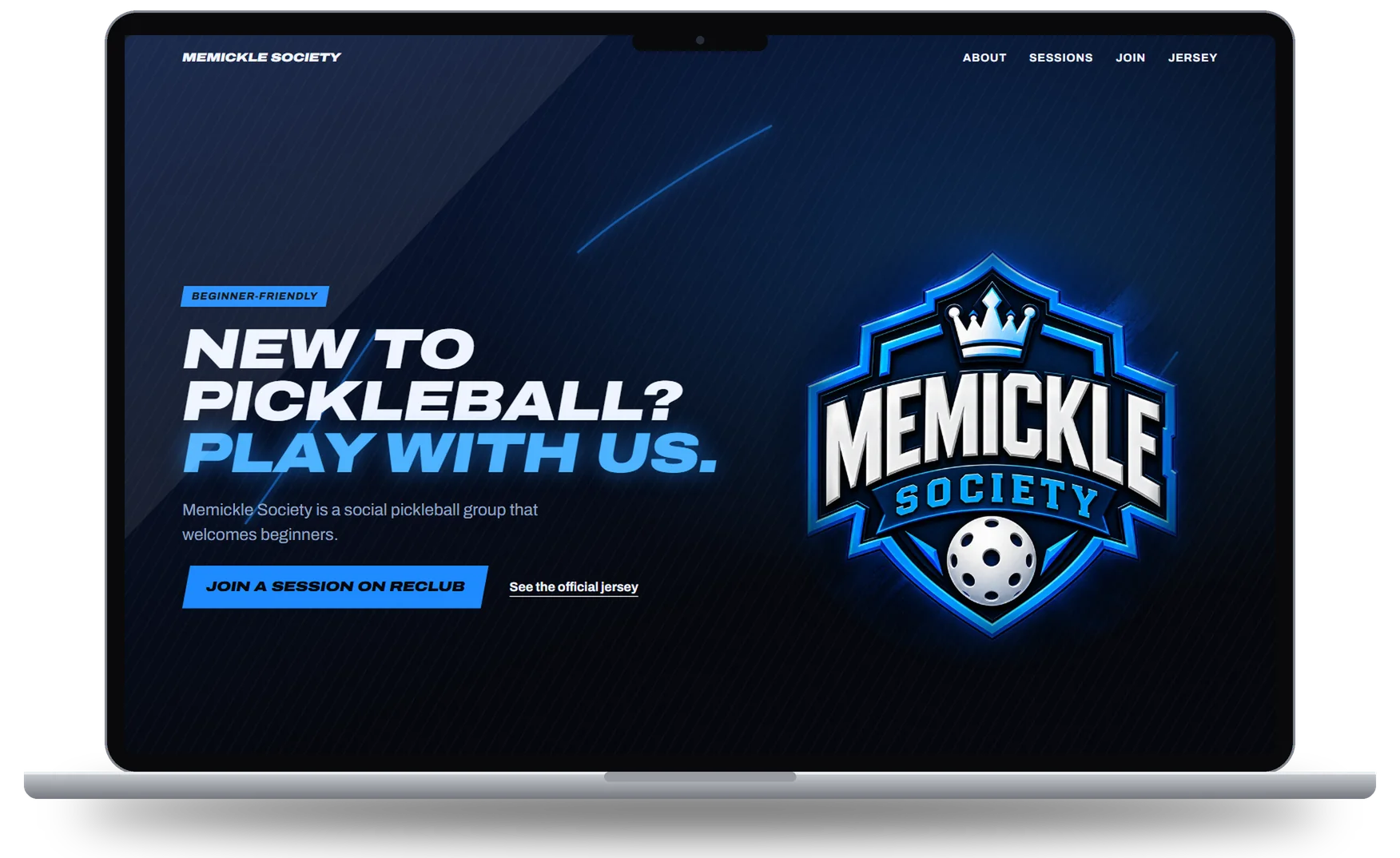 Desktop preview of the Memickle Society pickleball club website on a laptop